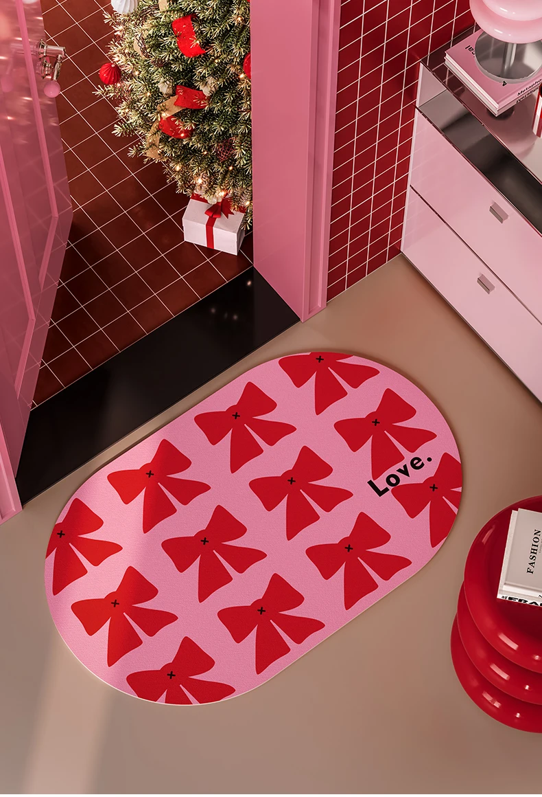 

VIKAMA Christmas Bows Diatom Mud Carpet Living Room Bedroom Kitchen Bathroom Floor Mat Anti-Slip Festive Atmosphere Home Decor