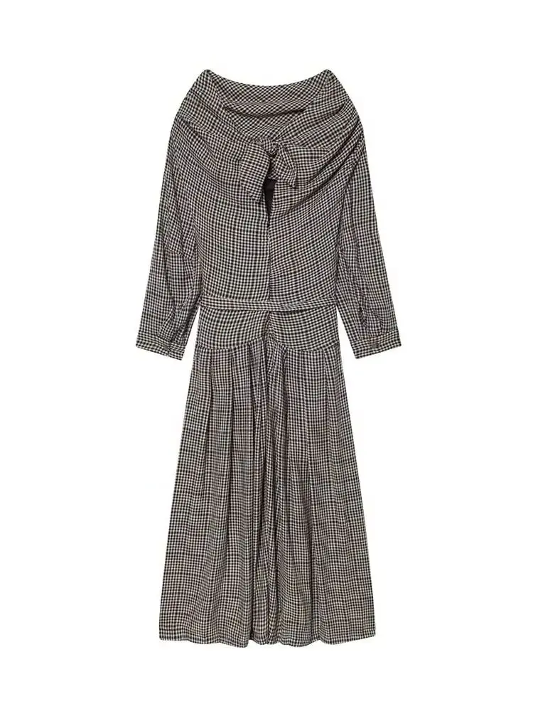 

HH New Woman Spring Versatile Fine Plaid Swing Collar Long Sleeves Dress Female Fashion Sexy Backless Belt Decoration Long Dress