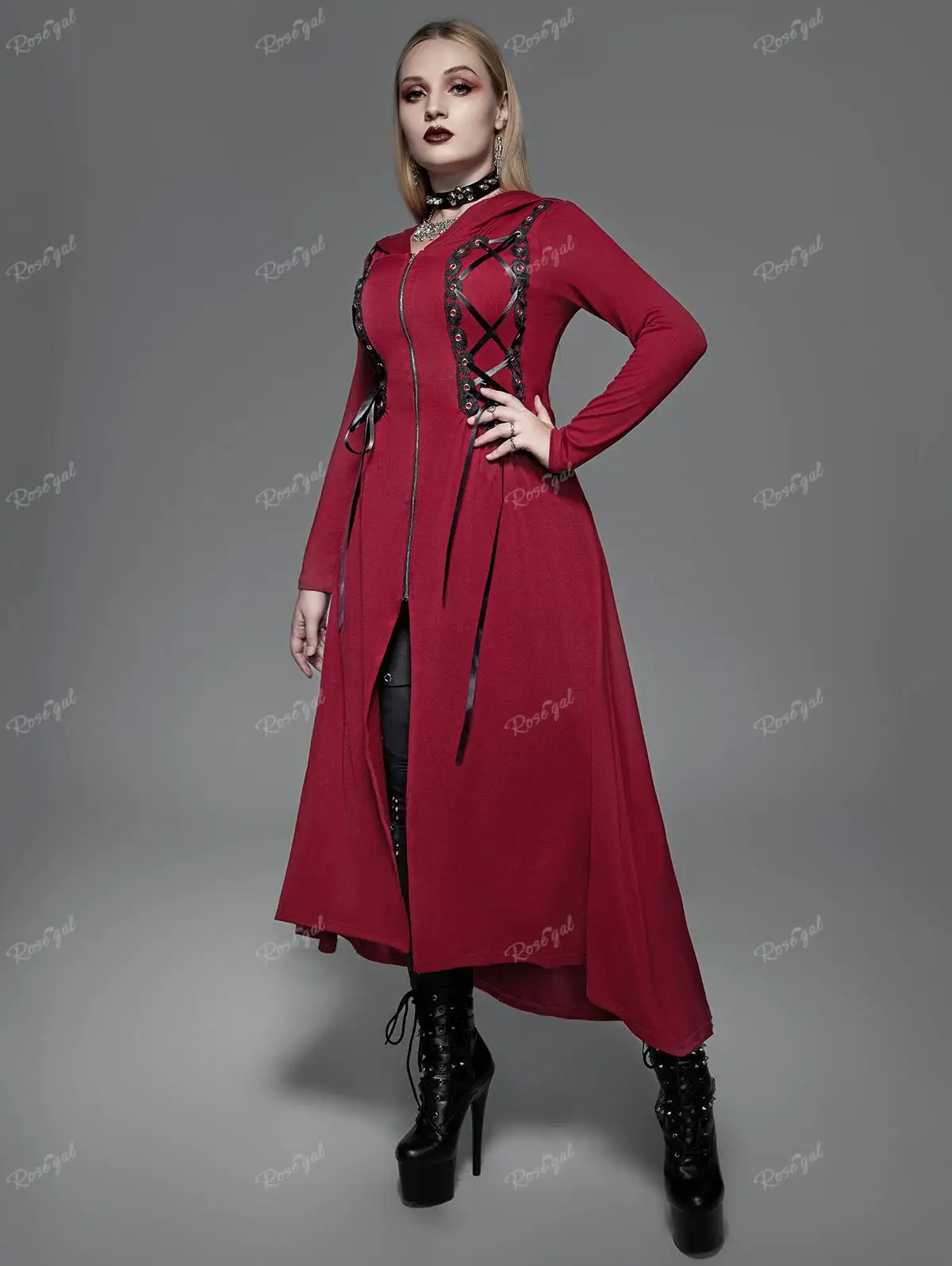 ROSEGAL Plus Size Long Hooded Coat For Women Lace Up Zipper High Low Maxi Tops, Female Hoodies, Spring Autumn Outwear Red Coats