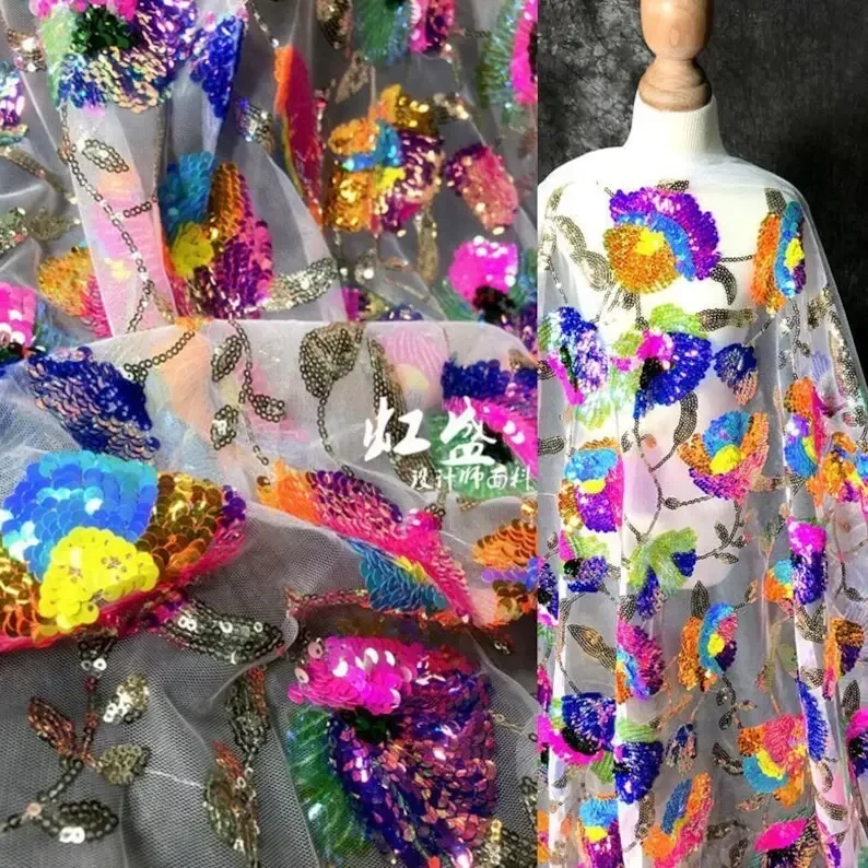 

Colorful Sequin Embroidery Flower Lace Fabric Exquisite Fabric Wedding Dress Veil Costume Supplies Veil Lace Dancing