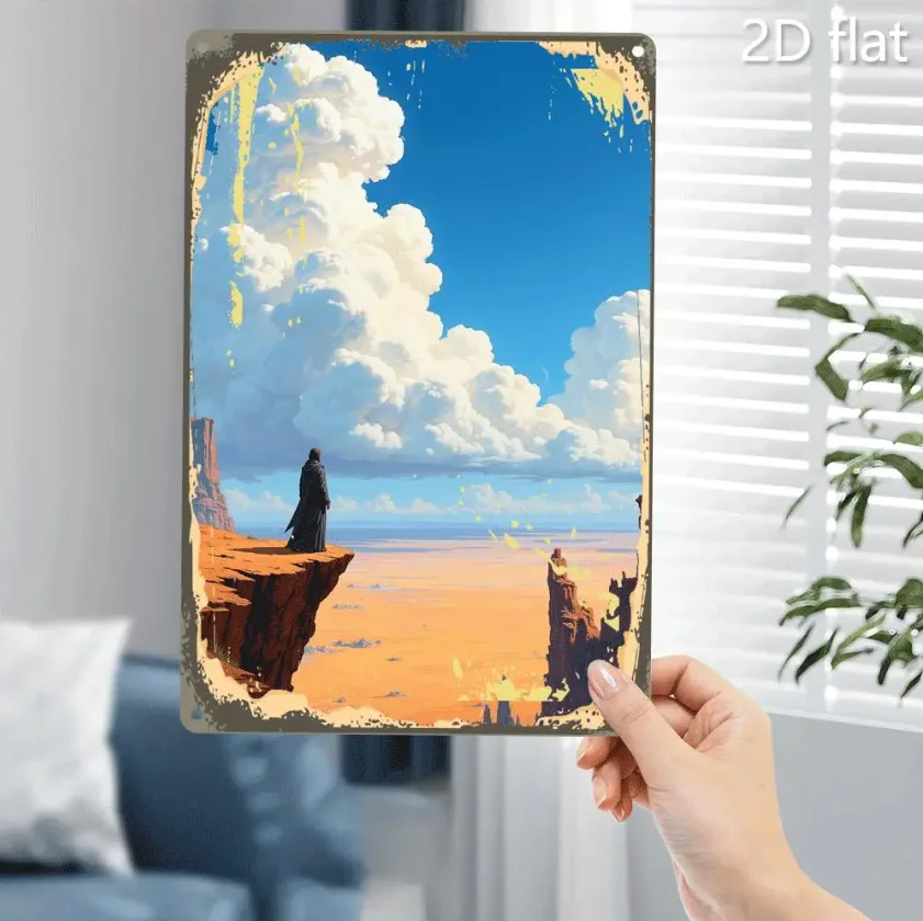 لافتة فنية جدارية معدنية ذات مناظر طبيعية صحراوية عتيقة - مقاس 8 × 12 بوصة من صفيح الحديد ولوحة صحراوية مع سماء فيروزي - داخلي/O