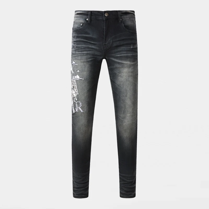 Y2K Street Fashion New Black Grey Jeans Washed Nostalgic Stretch Slimming Retro Embroidered Jeans Hip Hop Brand Design Brand Pa