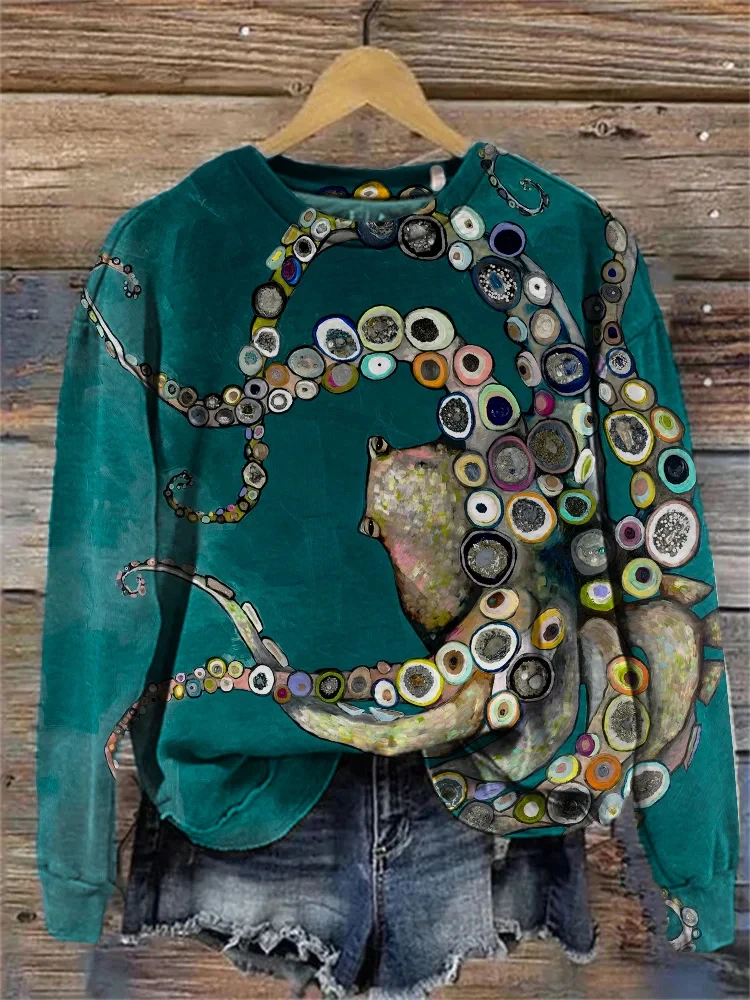 

Women‘s Octopus oil painting print 2024 sweatshirt ladies retro sweatshirt autumn winter warm casual fashion long-sleeved top