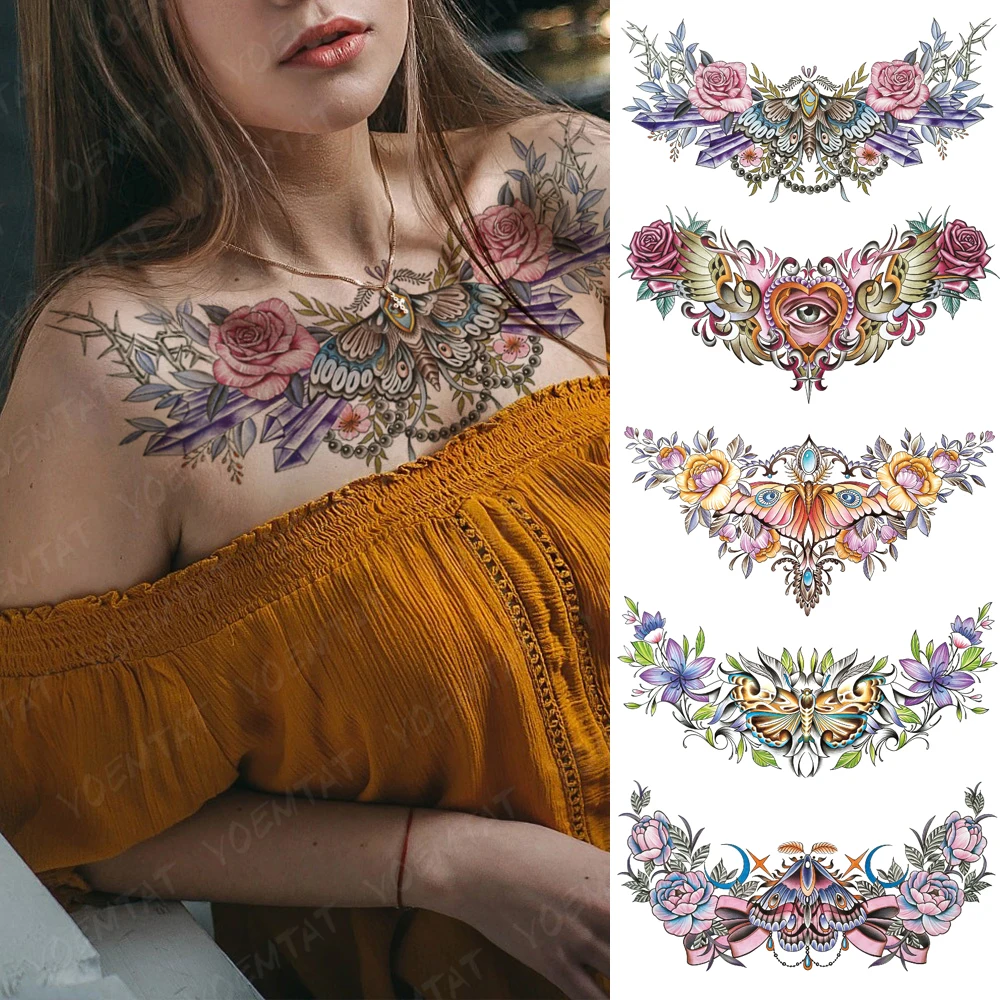 

Colorful Butterfly Moth Large Chest Tattoo For Women Gems Flowers Waterproof Temporary Tatoo Sticker Waist Art Men Fake Tattoos