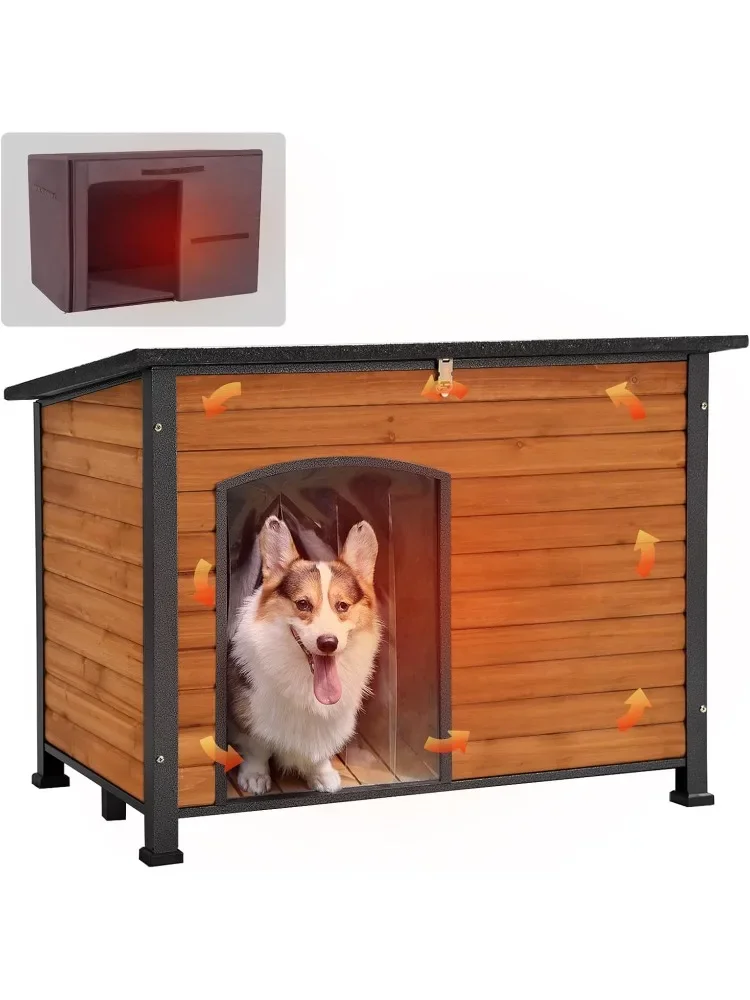 

29.4"D x 43.3"W x 33.4"H Brown Dogs House, Dog House Insulated Outdoor Dog Kennel with Liner for Winter Large