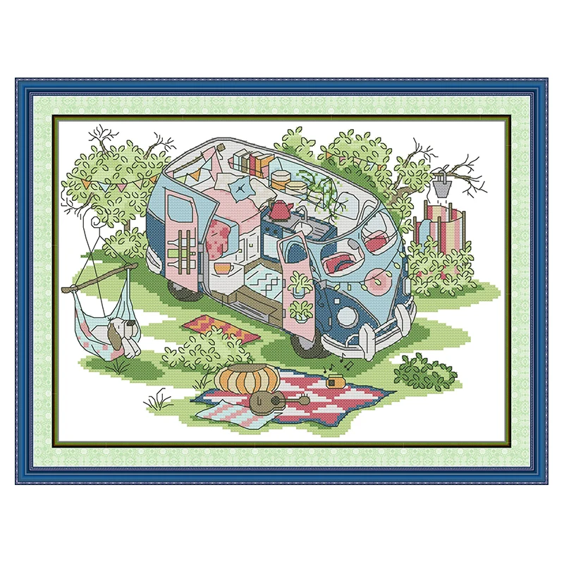 Caravan Picnic Patterns Counted Cross Stitch Set DIY 11CT 14CT 16CT Stamped DMC Cross-stitch Kit Embroidery Needlework Crafts