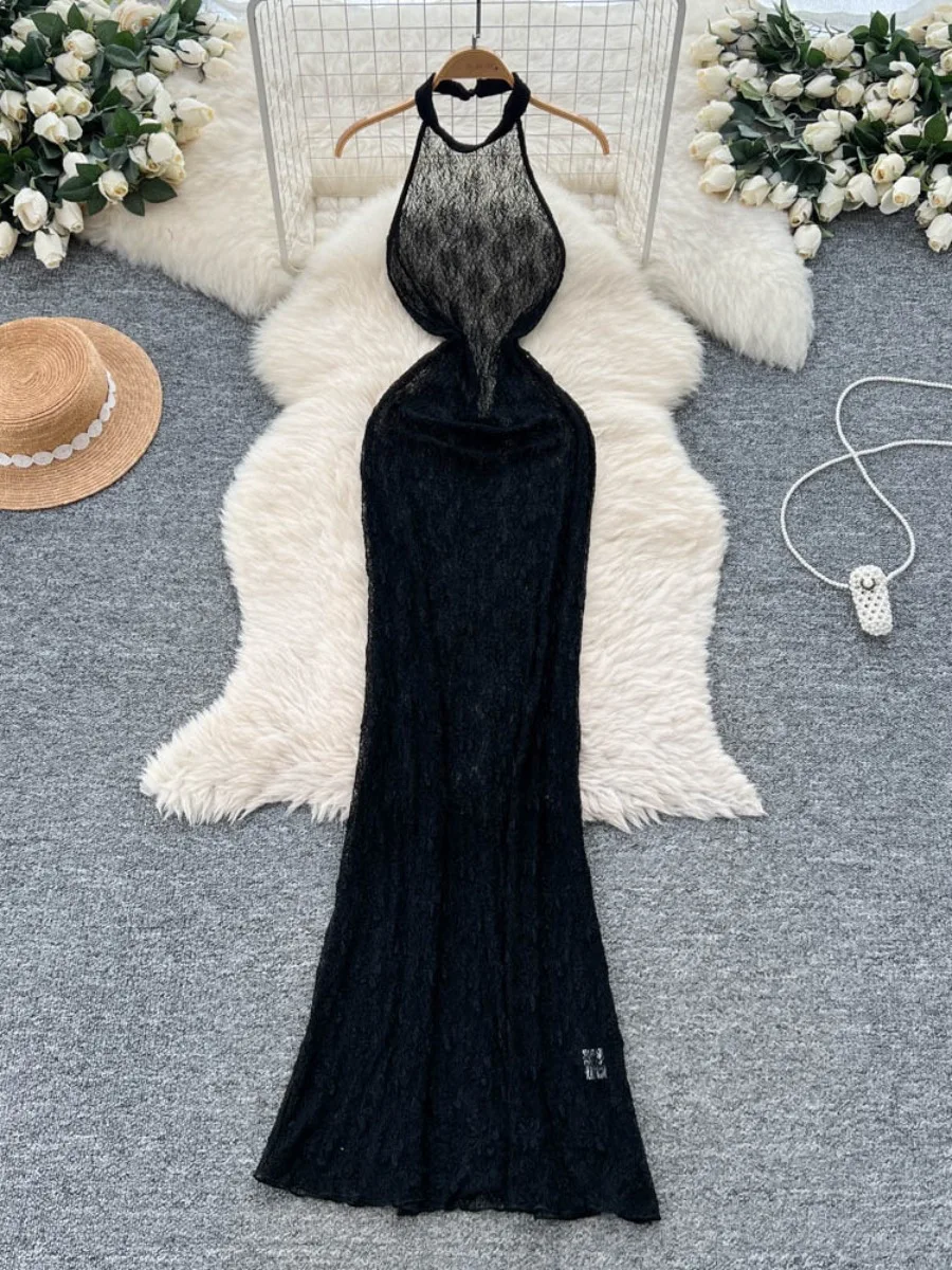 Foamlina verano malla encaje Sexy espalda descubierta ajustado elegante único Maxi vestido europeo chica caliente Halter vestido largo ajustado