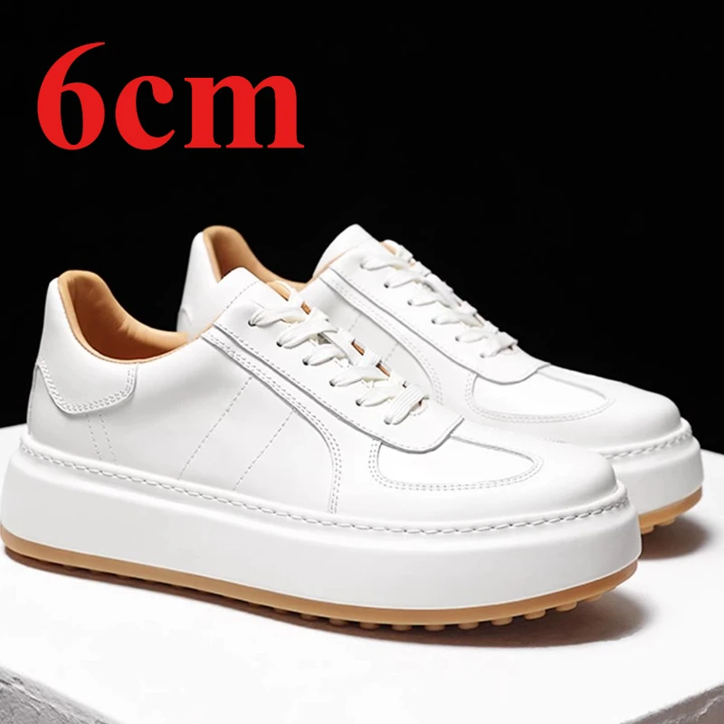 Genuine Leather handmade White Board Shoes for Men's 6cm 8cm Elevator Shoe Breathable Height Increasing Shoes Casual Derby Shoes