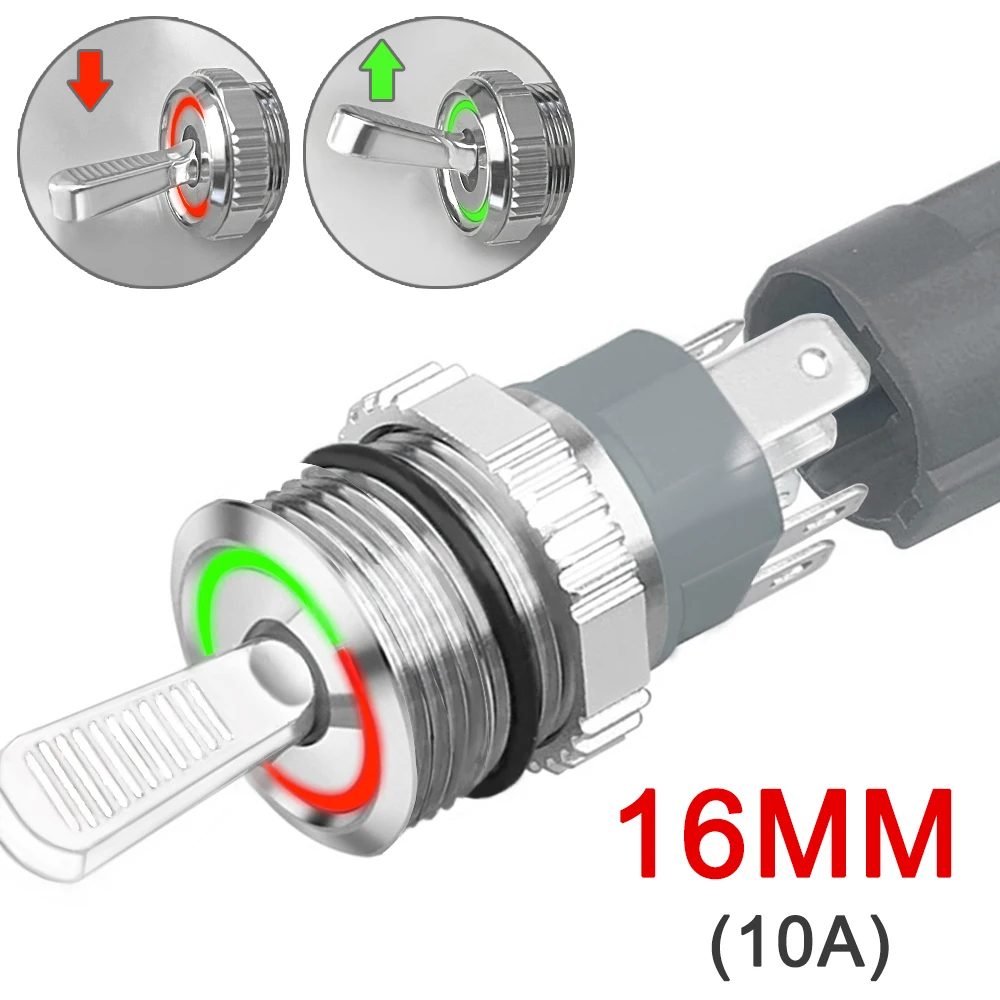 Joli à bouton en métal interdit avec prise ON OFF, verrouillage étanche, indicateur LED, courant élevé 10A, rouge, vert, 5V, 12V, 24V, 220V, 16mm