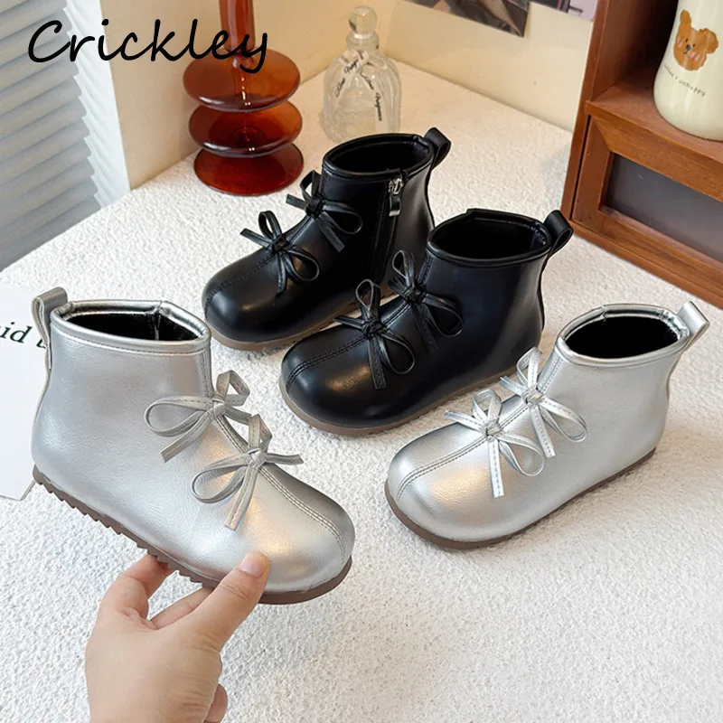 

New Bow Solid Kids Princess Boots Spring Autumn PU Leather Zip Children Fashion Boots Non Slip Soft Sole Girls Ankle Shoes