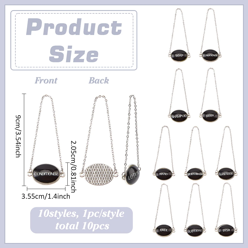 10PCS Bottle Decor Tags 3.54inch Length Glass Black Oval Bathroom Label Waterproof Alloy Base Tags with Stainless Steel Chains