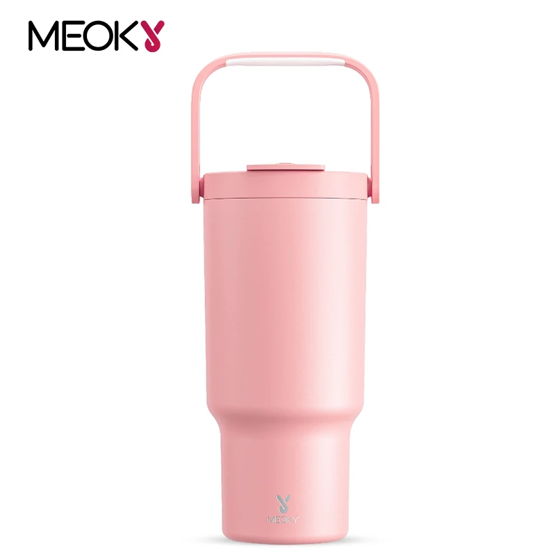 Meoky 32oz Tasse Becher Griff Stroh deckel Edelstahl vakuum isolierte Auto Becher Wand thermisch vereiste Reise rosa Tasse Lebensmittel qualität