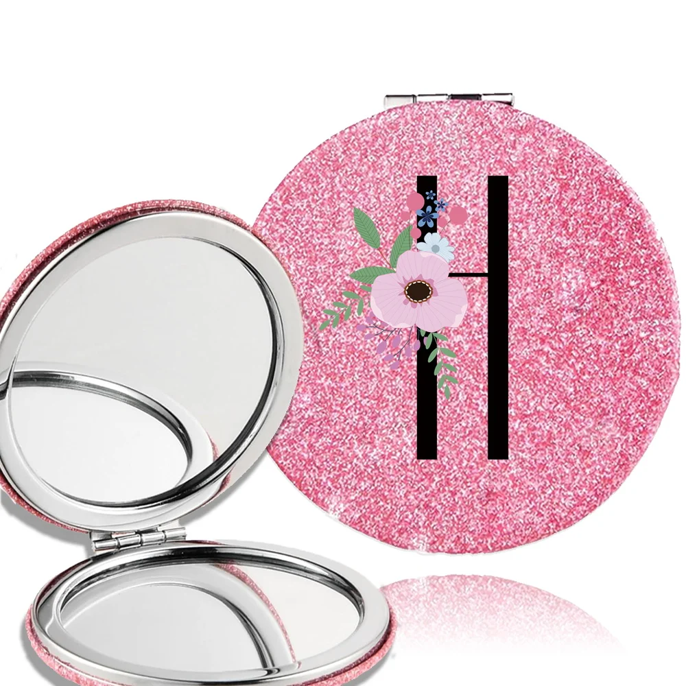 Double Sided Metal Shiny Makeup Mirror Round Facial Care Tool Handheld Foldable Durable Mirror Flower and Black Pattern