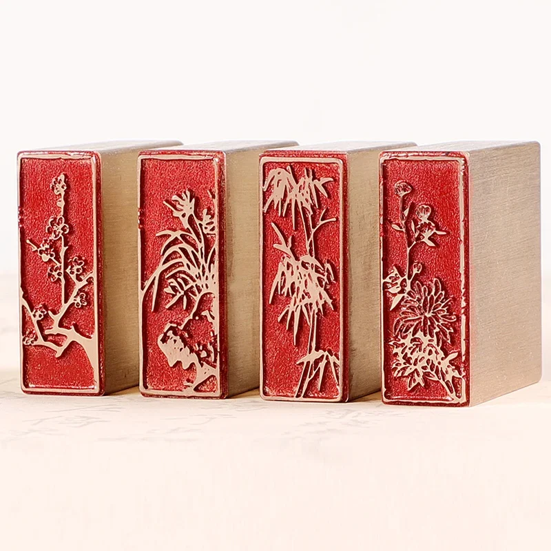 Chinese Style Flower and Plum Blossom Orchid Bamboo Finished Stamp, Brass Seal for Scrapbook Painting, Drawing Art Supplies