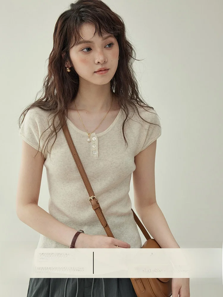 

Slim Fit Short Sleeve Knitted Shirt Women's Summer Casual Style Low Collar Versatile Top Half Open Neck Knitwear by AMUU