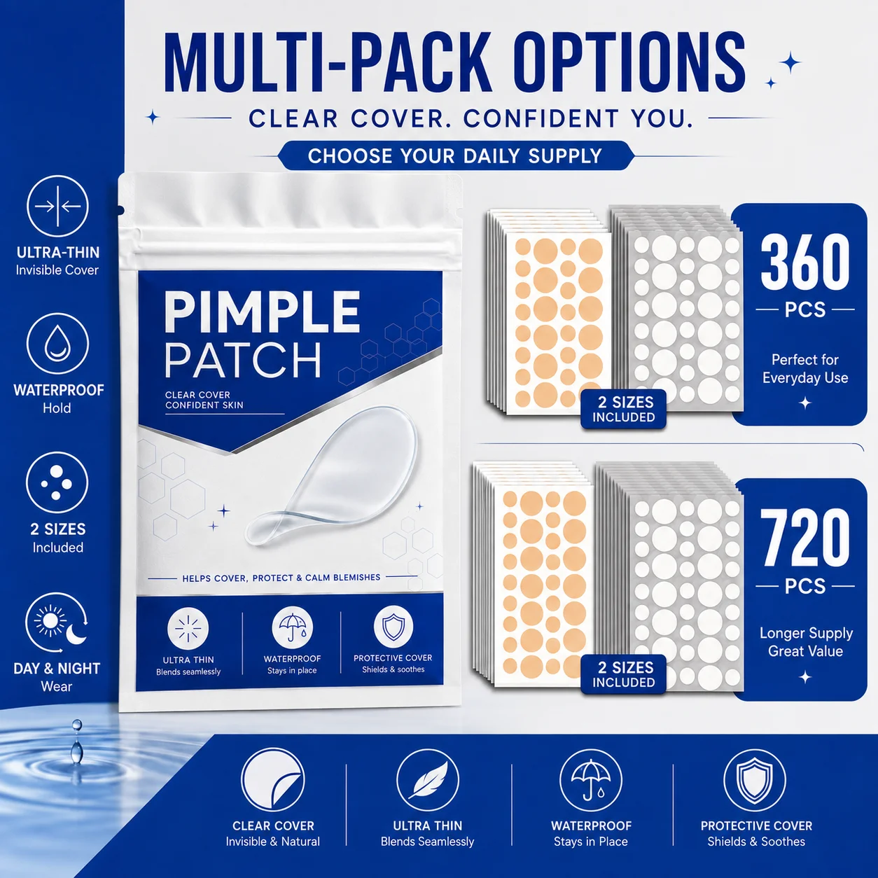 360/720Pcs Hydrocolloid Facial Concealer Patches, Nude & Clear 2 Shades, Invisible Blemish Cover Stickers, Day & Night Use