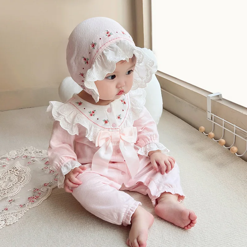 Infant Baby Girls Jumpsuit+Hat Embroidery Lace Stitching Cotton Long Sleeve Toddler Baby Girl Romper Spring Autumn Baby Clothes