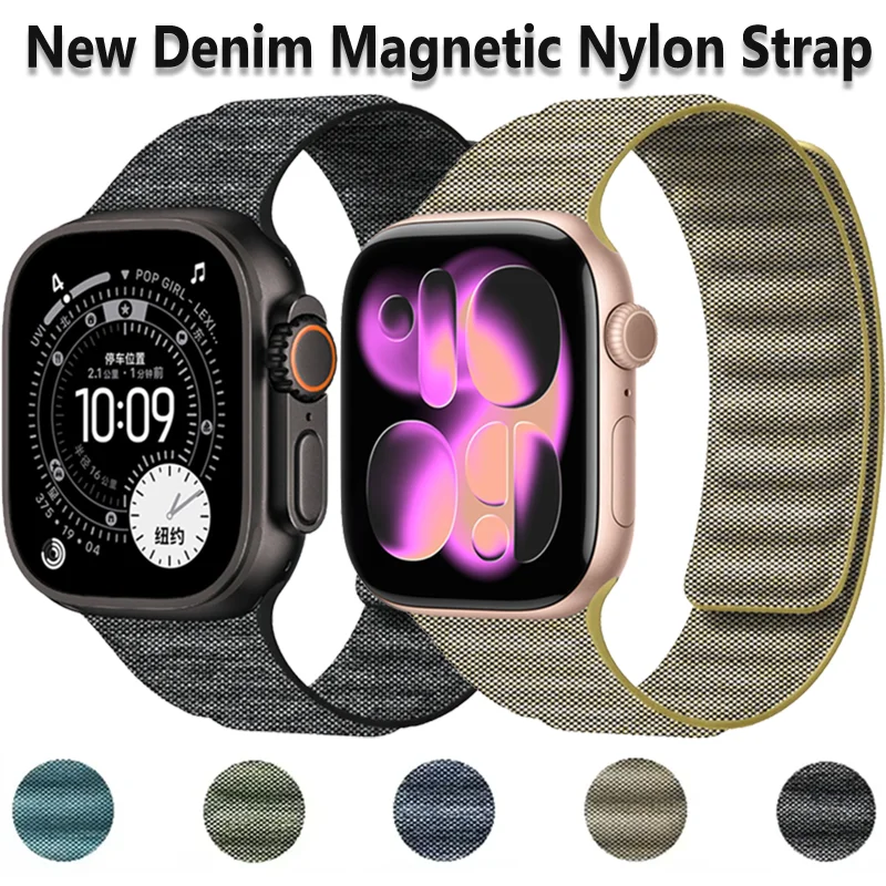 Neues Denim-Magnet-Nylonband für Apple Watch Ultra 3, 49 mm, 45/40 mm, 41/44 mm, 46/42 mm, modisches Armband, iWatch 11, 10, 9, 8, 7, 6, 5, 4 SE
