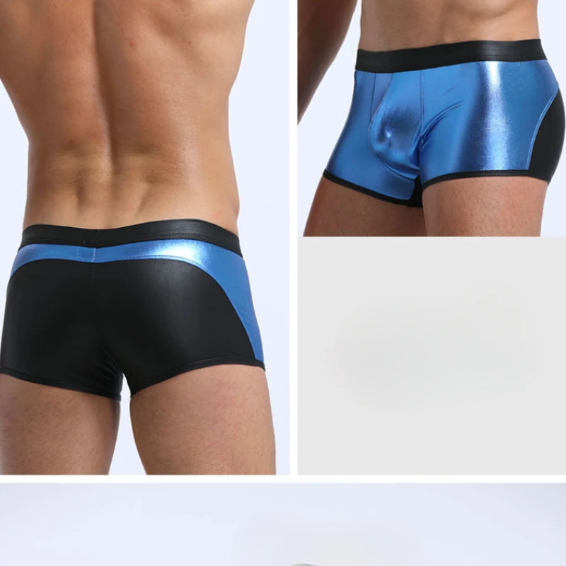 Men Underwear Shiny Imitation Leather Color Matching Boxers High Elastic Low-Rise Underpants Sexy U Convex Pouch Boxer Knickers