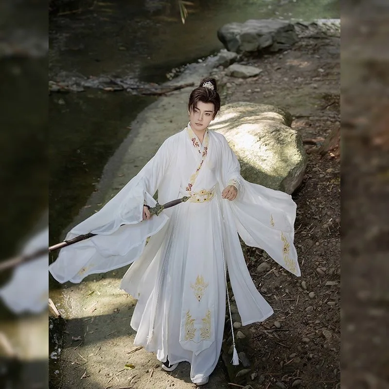 Wei Style Embroidered Hanfu White Men's and Women's Spring Autumn Ancient Flowing Suit