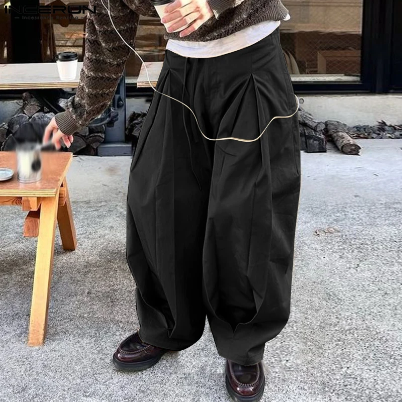 

INCERUN Men Pants Solid Color Button Joggers Pleated Oversize Casual Wide Leg Trousers Men Streetwear 2025 Fashion Long Pants