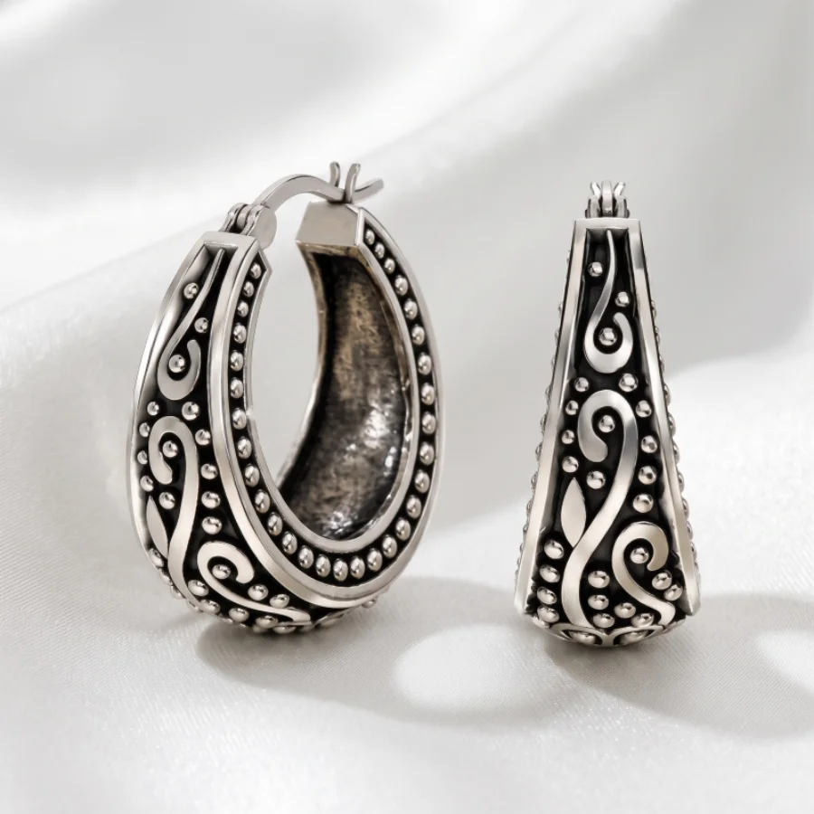 Antique Silver Color Vintage Engraved Huggie Hoop Earrings Bohemian Jewelry For Women Daily Party Gift