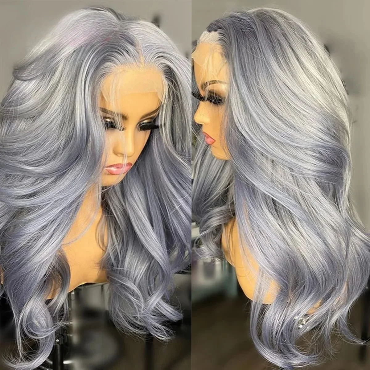 Grey Body Wave 13x4 Hd Synthetic Lace Front Wig Free Part Glueless Wear And Go Loose Wave Pre Plucked For Women Daily Use Wig