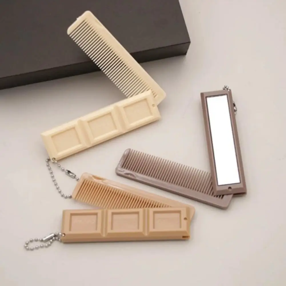 

2 in 1 Portable Folding Comb Chocolate-Shaped Mini Compact Hair Comb with Mirror Creative Travel Hair Smooth Styling Tools