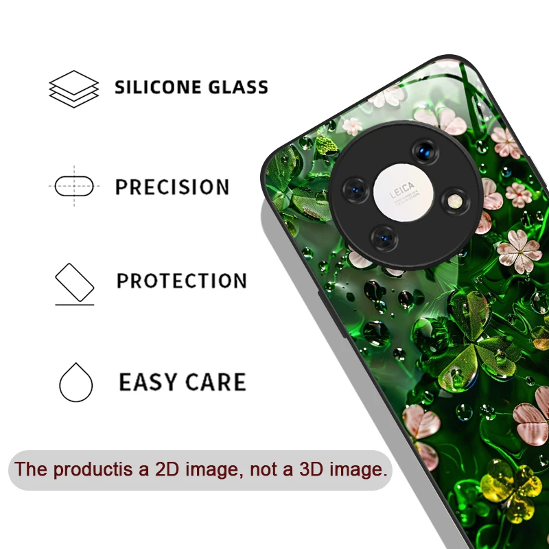 Luxurious Green Four-leaf Clover Flower Tempered Glass Phone Case for Huawei Nova 13 12 SE 11 10 Pro Mate 40 30 P60 P40 5G Cover
