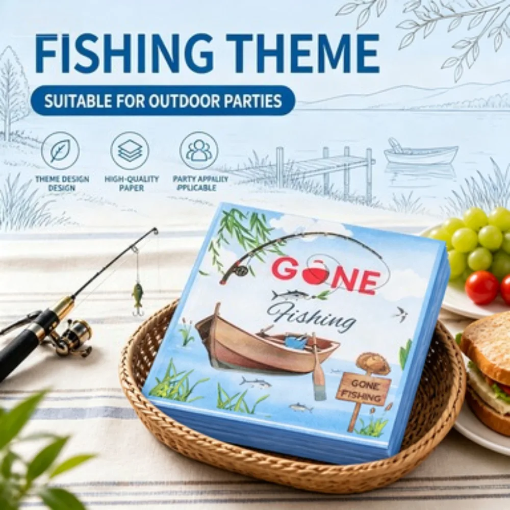 20/60pcs New Fishing-Themed Printed Napkins, Party and Picnic Decorative Facial Tissues, Commercial Catering Tissues.