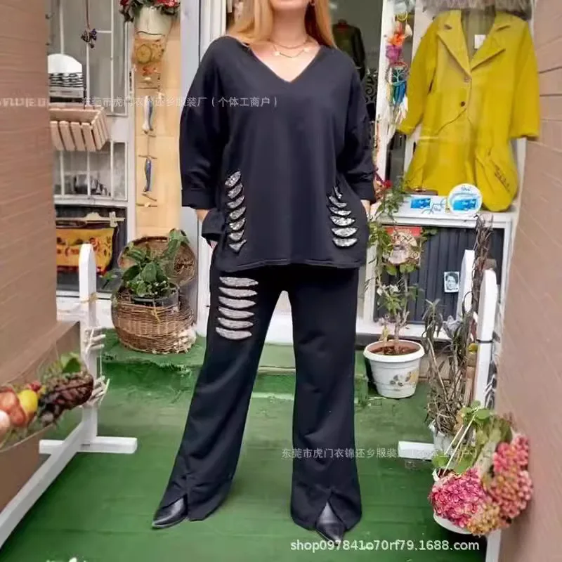 

Casual Cotton And Linen V-neck Top, Ripped Sequins, Irregular Suit 2025 Fashion Women's Clothing, New Spring And Autumn High Str