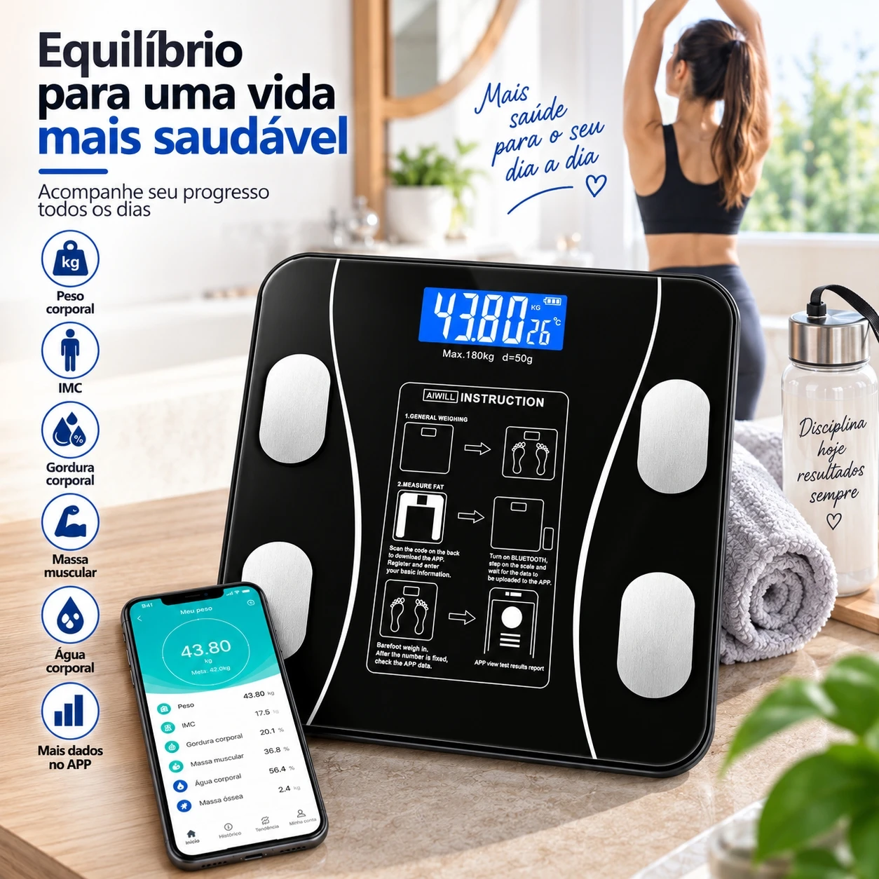 Balança Digital Inteligente de Bioimpedância com 8 Medições e Monitoramento via App para Peso e Gordura Muscular