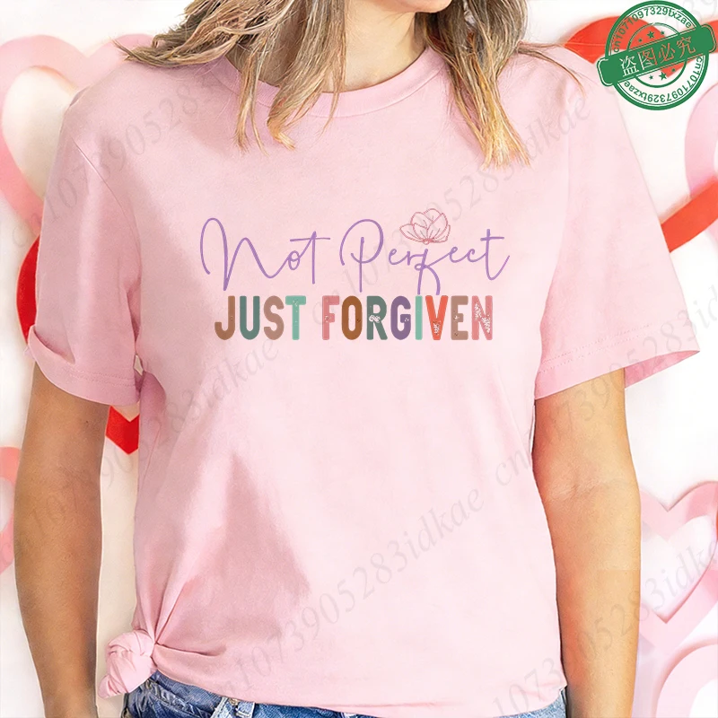Not Perfect Just Forgiven T-Shirt for Women Heart Cross Graphic Tee Casual Short Sleeve O Neck Tops Inspirational Christian Gift