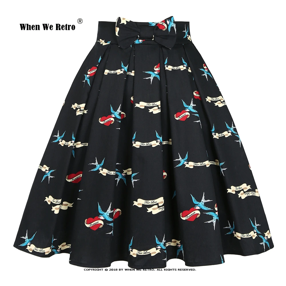 

Y2K Birds and Hearts Print Cotton Retro Vintage Skirt Plus Size Jupe High Waist Midi Pleated Black Skirt with Pockets SS0012