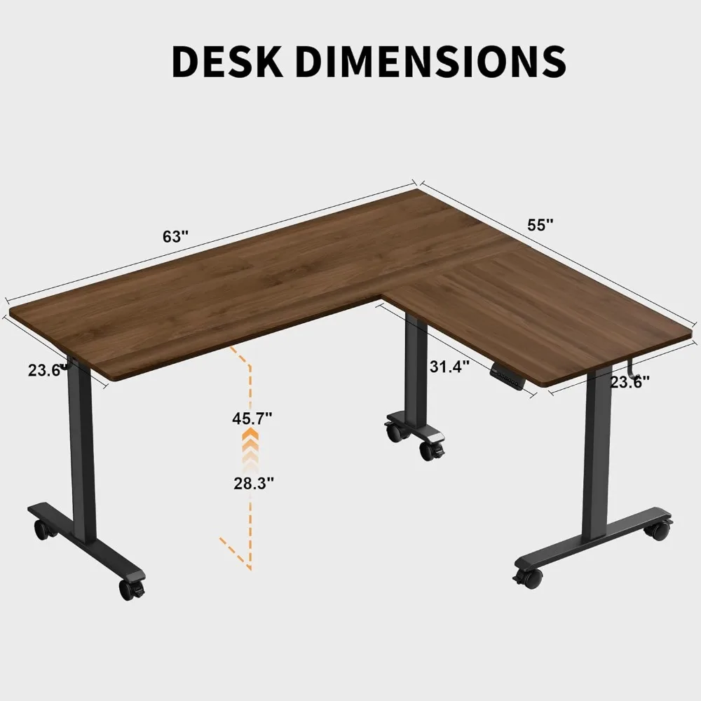 L-Shaped Electric Standing Desk, 63x55 Inch, Walnut, Adjustable Height, Wheeled, Ergonomic, Modern Design