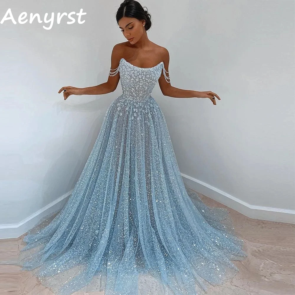 Aenyrst Blue Shiny Beading Appliques Prom Dresses A Line Tulle Strapless Evening Gowns For Women Floor Length Dinner Party Dress