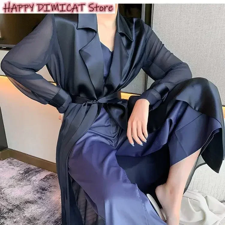 Mid Long Thin Coat for Women, Windbreaker, Organza Sleeve, Acetate Trench, Designer Clothes, Autumn, New
