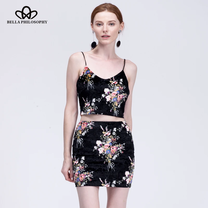 Bella Philosophy  summer velvet sleeveless short  two-piece set bodycon Elegant party club black  dress vestidos