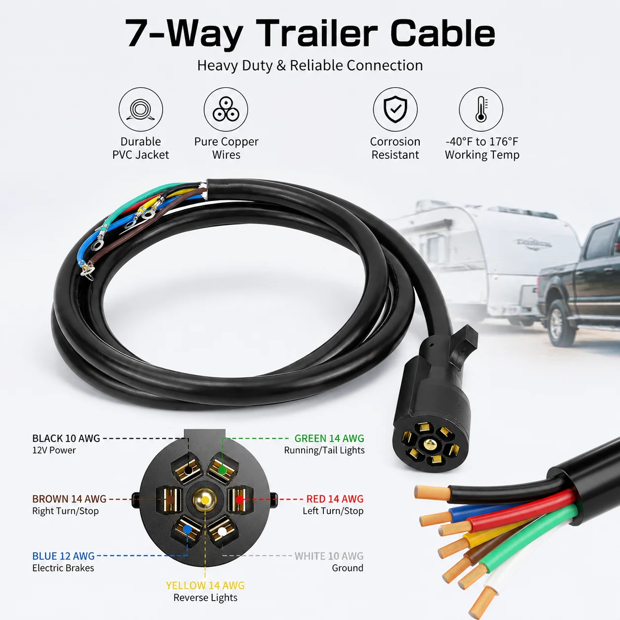 8FT 7Way Copper PVC Trailer Plug Wiring Harness, Suitable for Trailers, RVs, and Camping Trailers