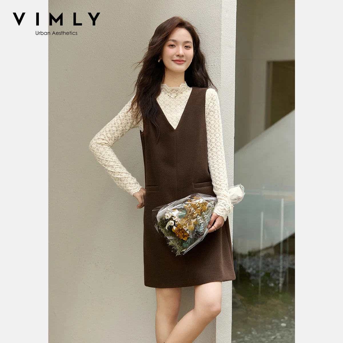 

VIMLY комплекты платьев из 2 предметов, женские элегантные кружевные топы с воротником-стойкой, платья миди без рукавов, винтажные осенние комплекты женских платьев 2024, A3080