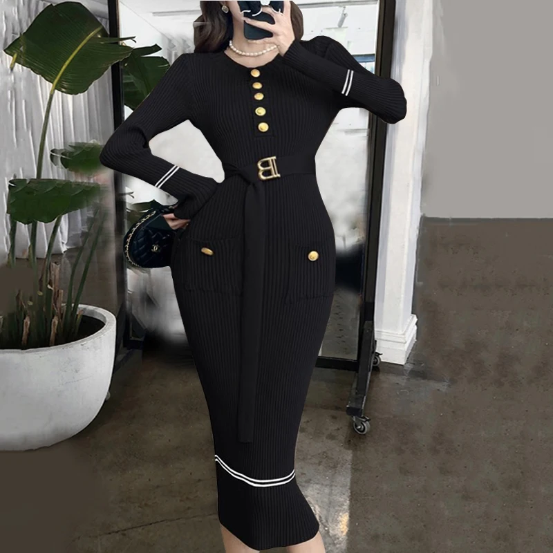 YuooMuoo Marke Mode Gestrickte Lange Kleid 2024 Neue Elegante Oansatz Tasten Spitze-up Taschen, Figurbetontes Kleid Dame Pullover vestidos