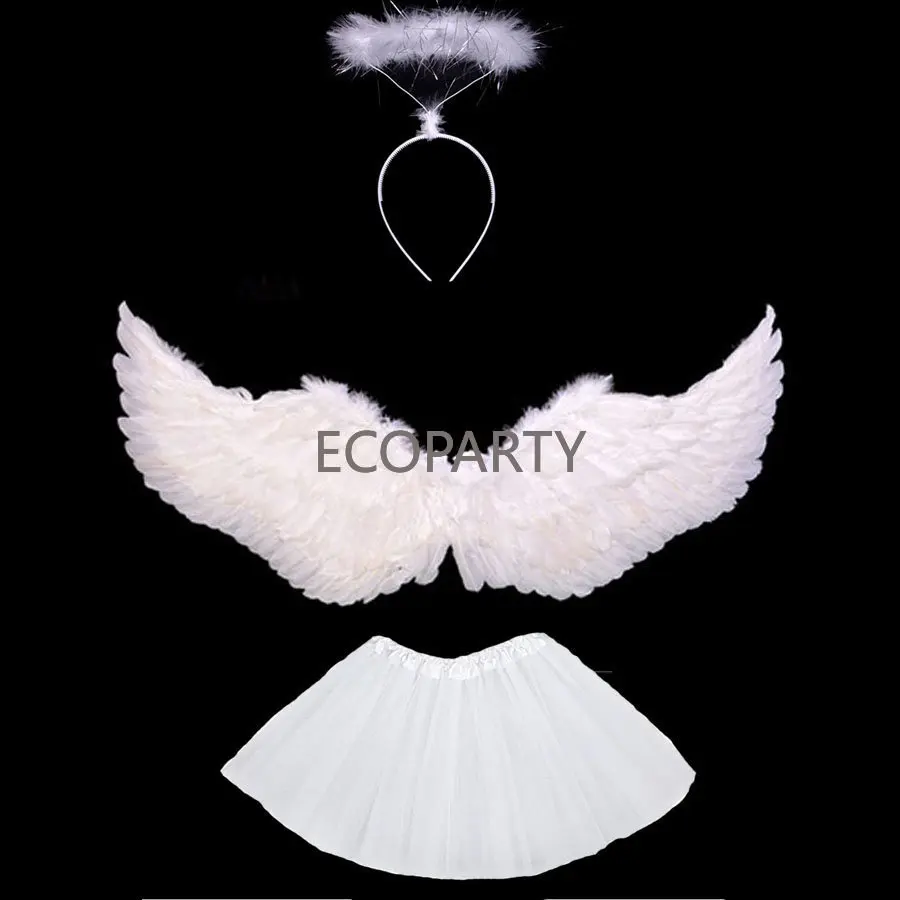 New Kids Women Girl Angel Feather Wing Costume Tutu Skirt Halo Ring Headband Party Birthday Gift Halloween Christmas Decoration