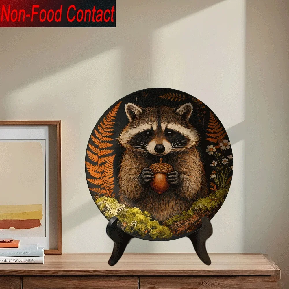 2D Flat, 1pc Cute Raccoon with Acorn Ceramic Decorative Plate - Non-Food Contact Tabletop Art, 2D Flat Design, Perfect for