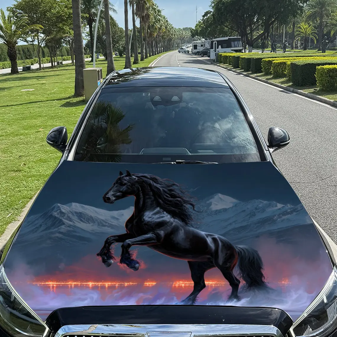 

Twilight Leaping Black Horse Pattern car hood stickers, waterproof self-adhesive, scratch resistant, easy to stick, durable car