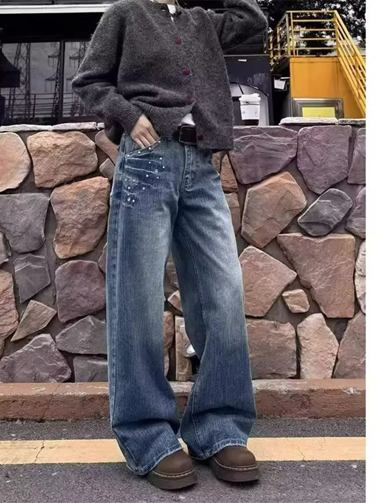 

Широкие джинсы с высокой талией, женские джинсовые брюки с прямой талией, осенний сезон, свободные брюки в пол, американские ретро-заклепки