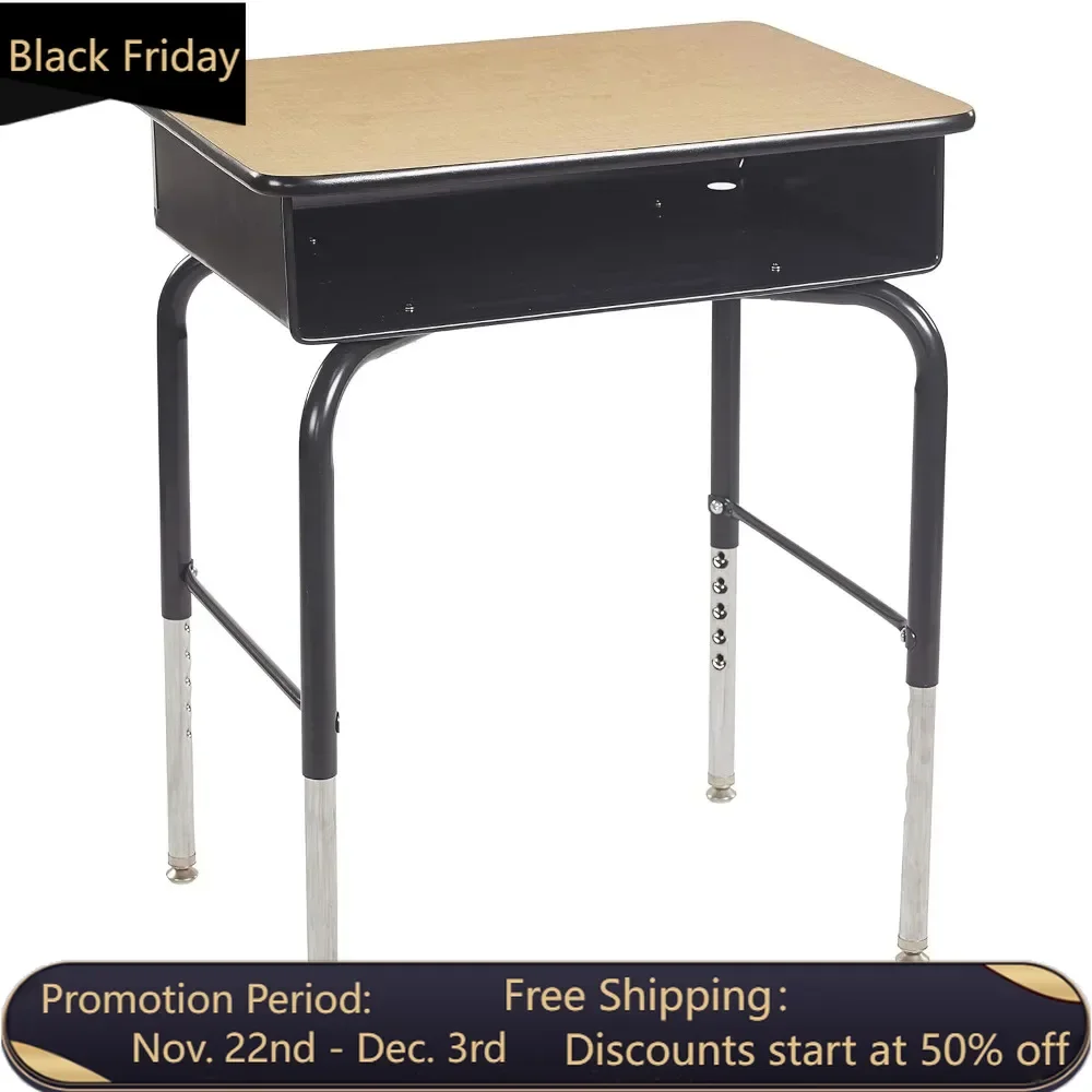 Adjustable metal storage desk, open front desk, classroom furniture, maple/black