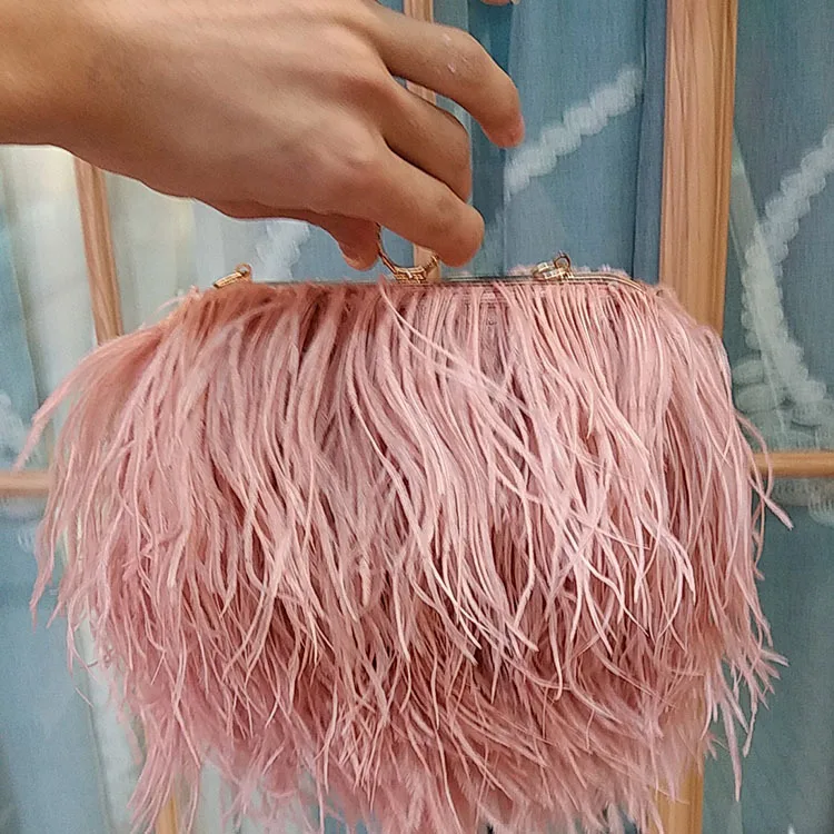 Retro Fashion Luxury Ostrich Hair Feather Women\'s Evening Bags Autumn Winter Fashion Shoulder Chain Bags Clutches Party Handbag