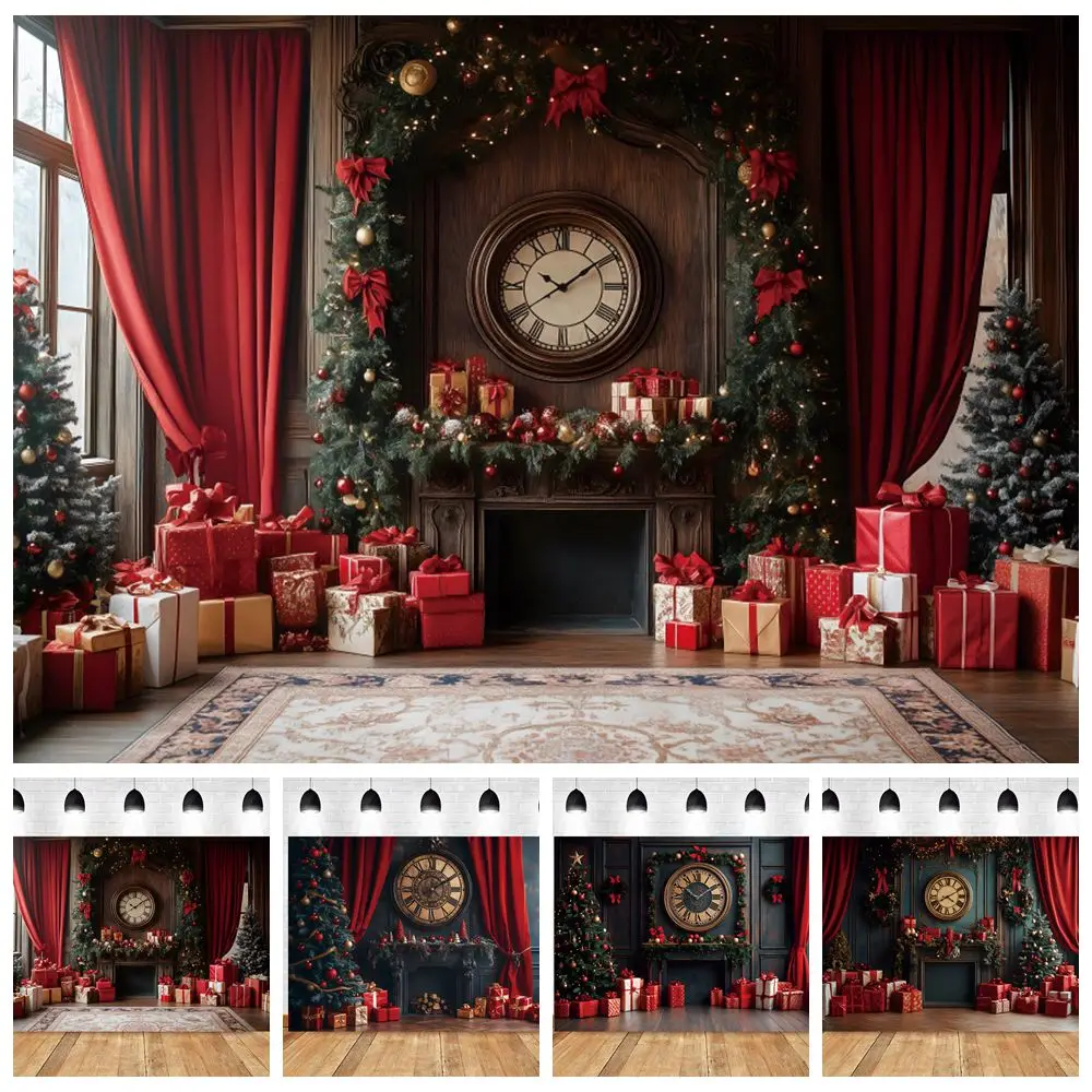 

Christmas Room Fireplace Xmas Tree Gifts Box Clock Backdrop Kids Portrait Christmas Eve Party Photography Background Photostudio