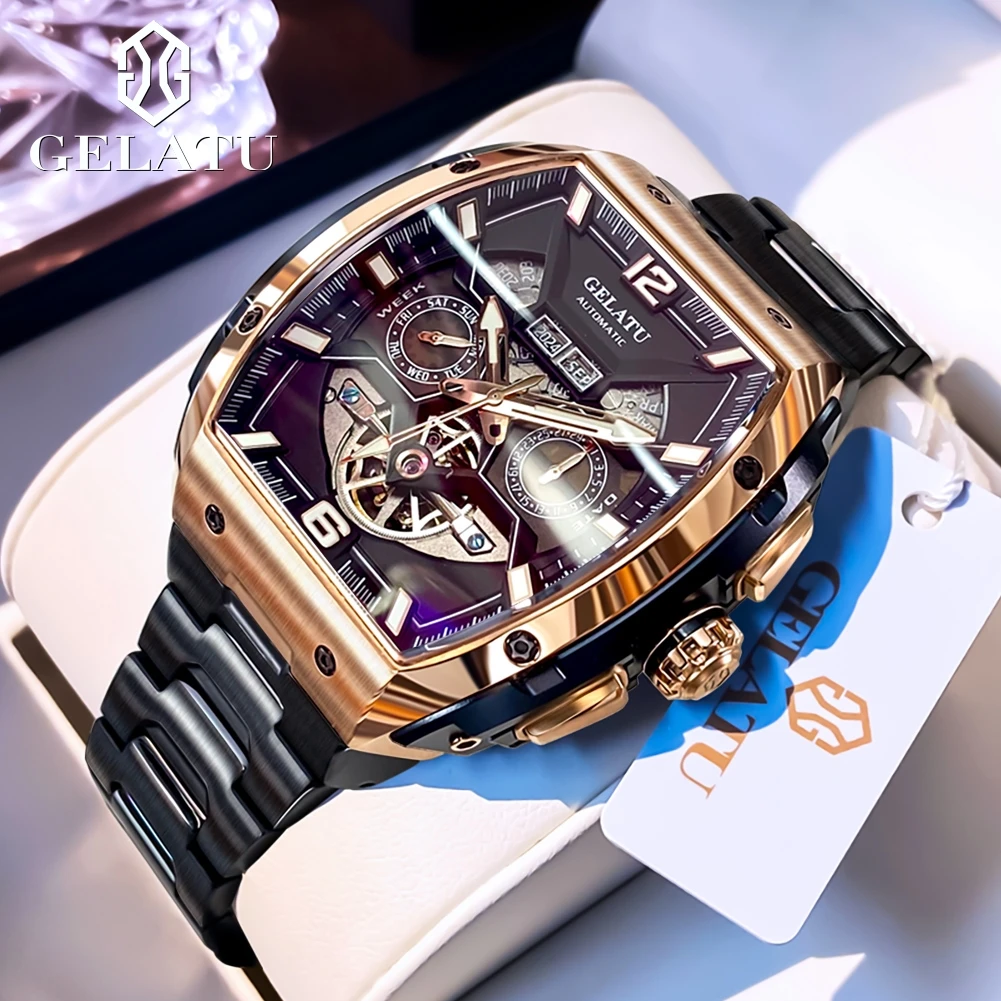 100% Original GELATU Man Watch Transparent Hollow Waterproof Luxury Fashion Square Automatic Mechanical Wrist Watch for Men 6013
