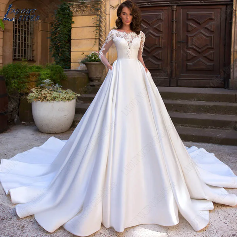 Layout niceb vestido de baile de cetim elegante apliques vestido de casamento rendas manga longa feito sob encomenda para noiva robe de mariée manche longue Elegante cetim vestido de baile Appliques Vestido de casament